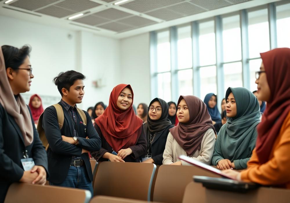 Mahasiswa berdiskusi di ruang kuliah modern
