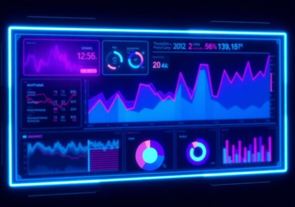 Dashboard data futuristik berwarna biru dan ungu